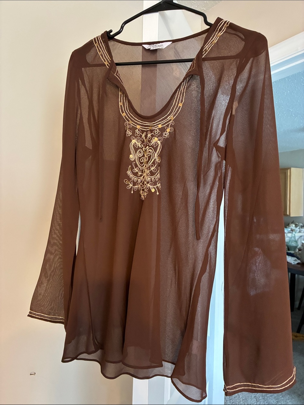 Tramp Sheer Brown Tunic with Gold Embroidered Neckline